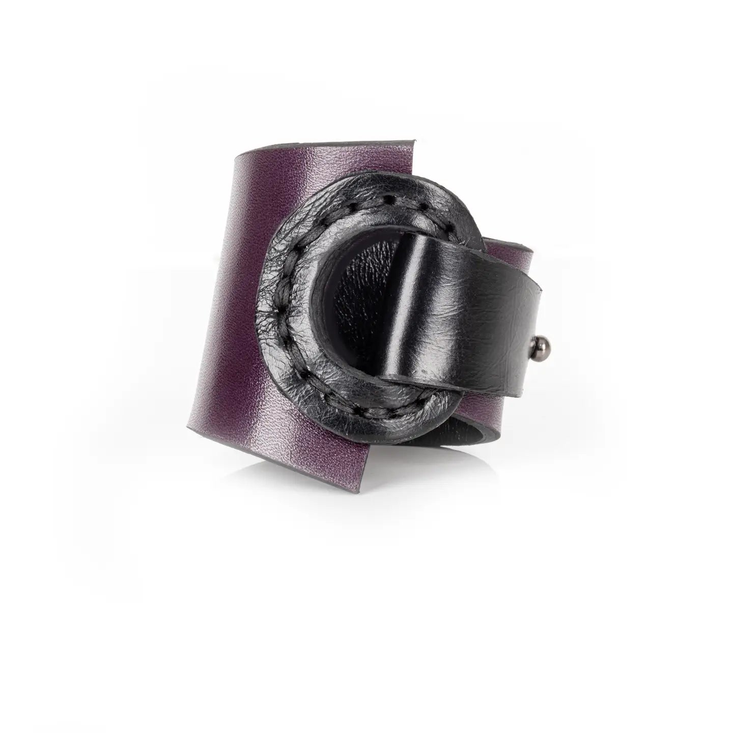 Black & Deep Plum Leather Wrap Bracelet Sculpted Ring