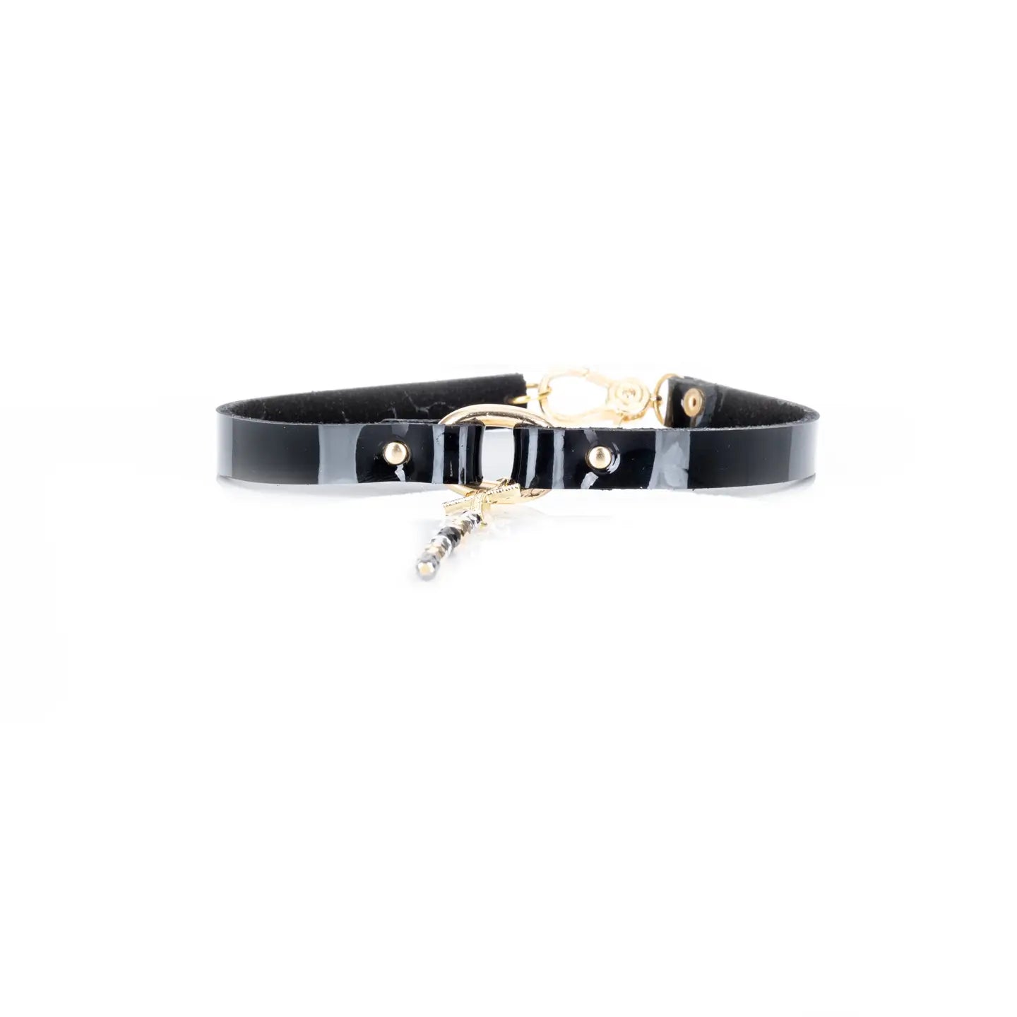 Black leather choker with a gold cross pendant and a long beaded chain drop, displayed on a white background.