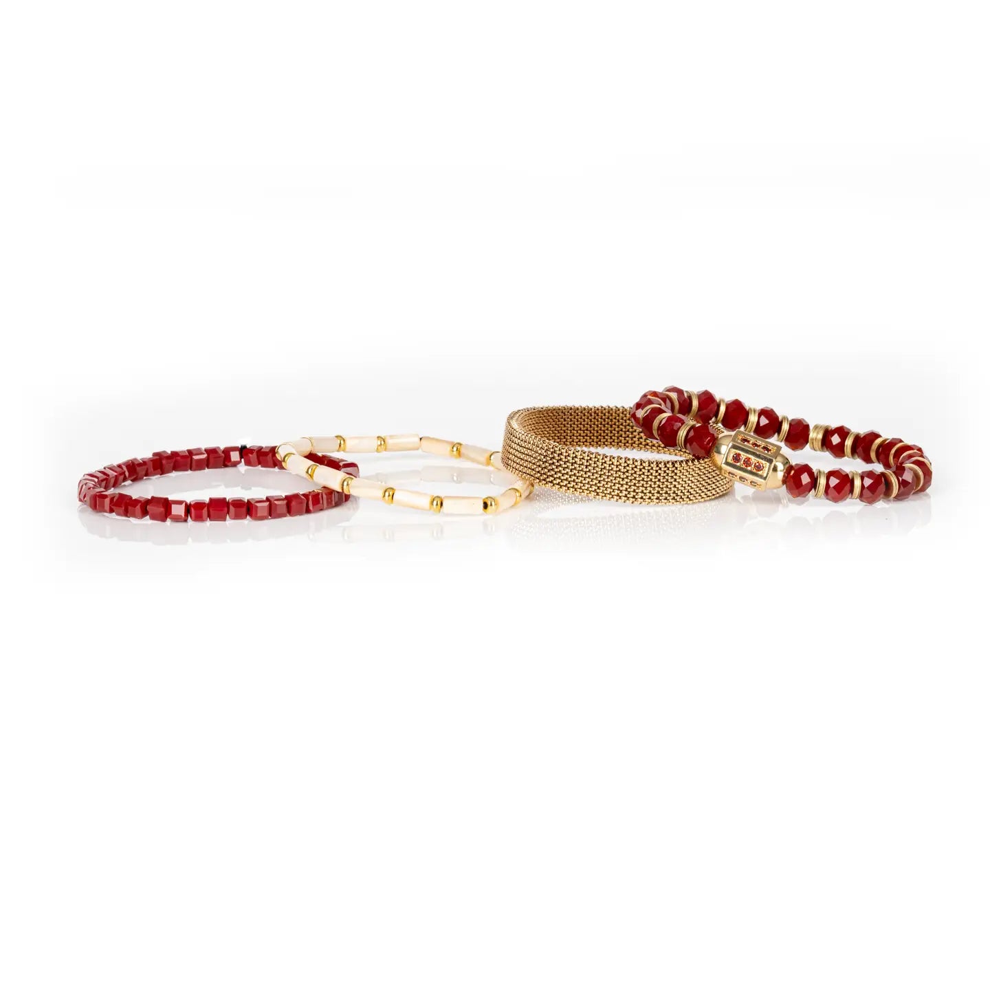 Ruby Red & Gold Beaded Bracelet Stack Crimson Glow