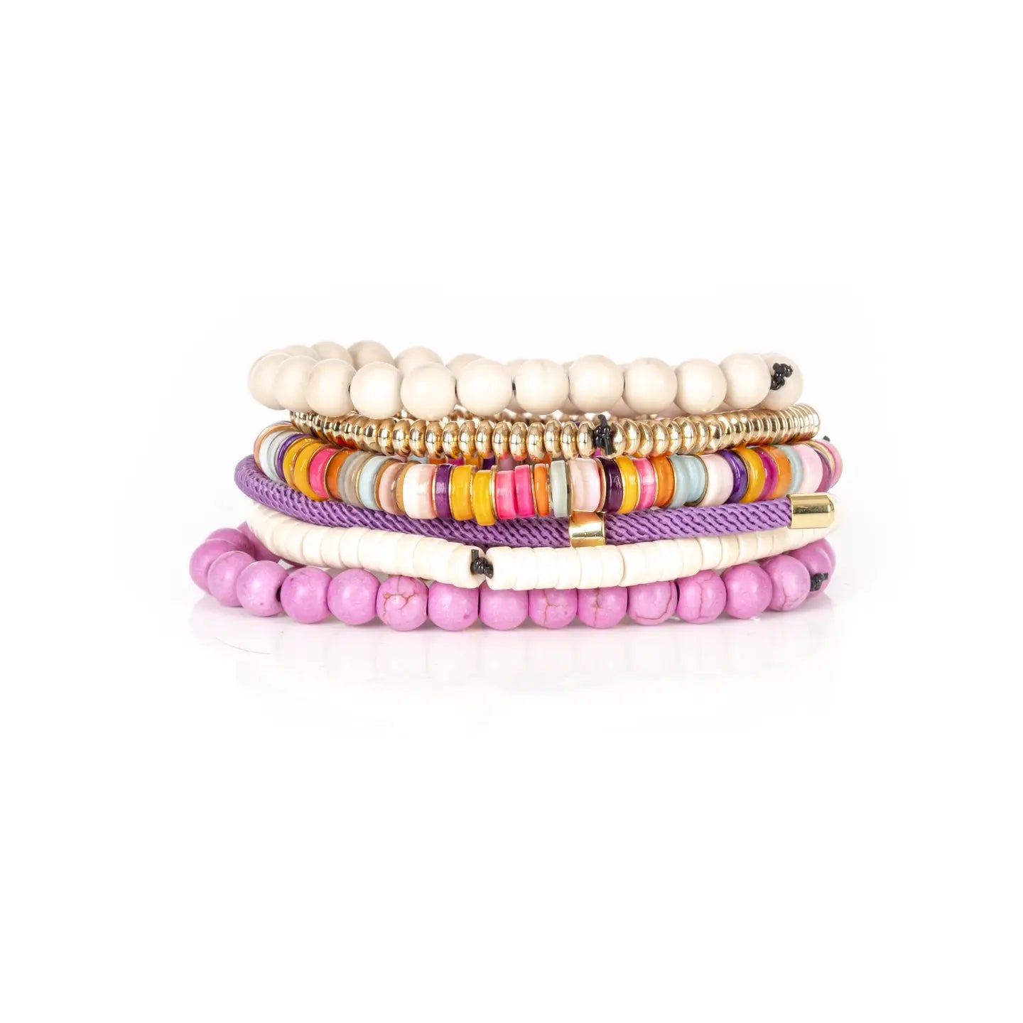 Colorful Heishi Bracelet Stack with Purple Beads & Gold