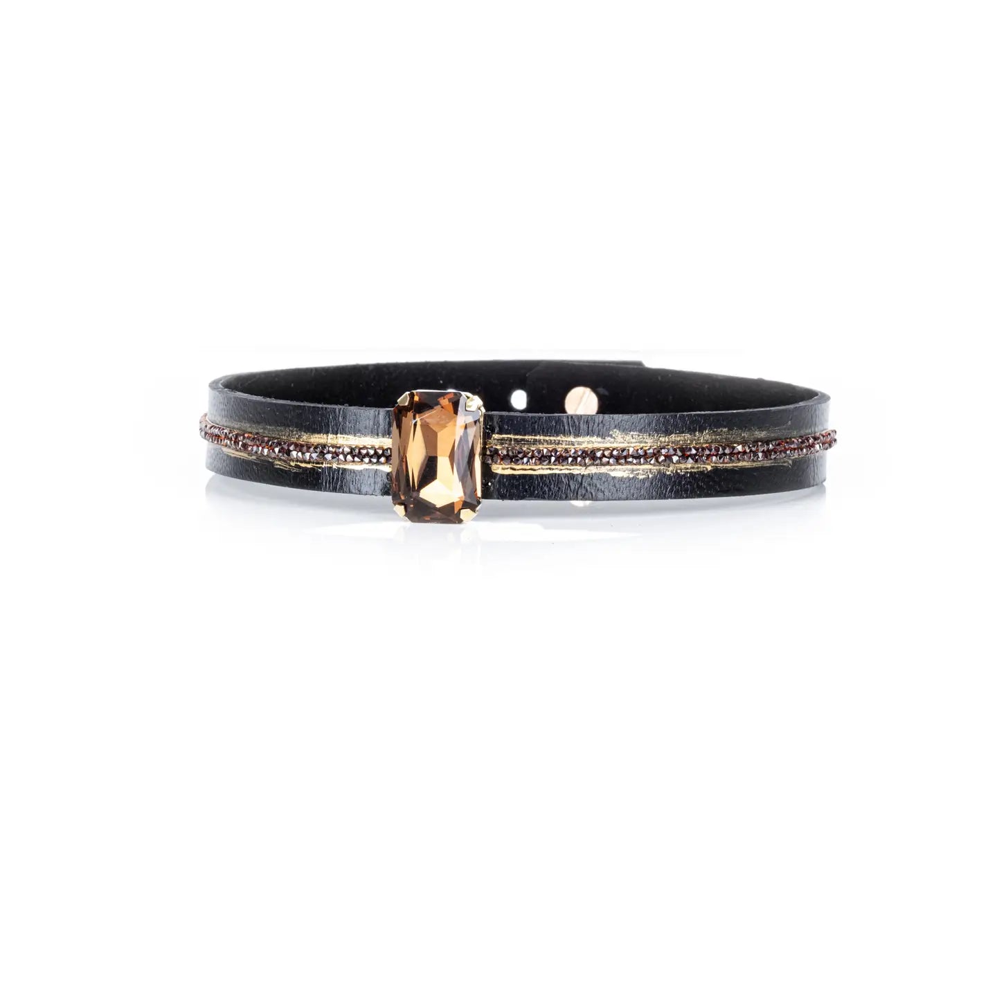 Black leather choker with a central brown rectangular crystal and fine rhinestone and gold detailing along the band, displayed on a white background.