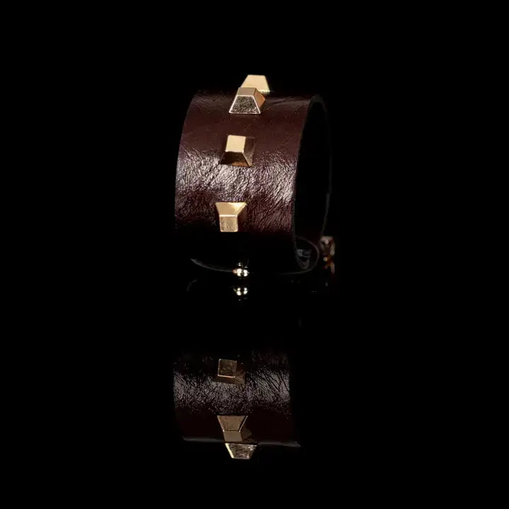 Eclipse Stud Cuff Brown Leather Bracelet with Gold Pyramid
