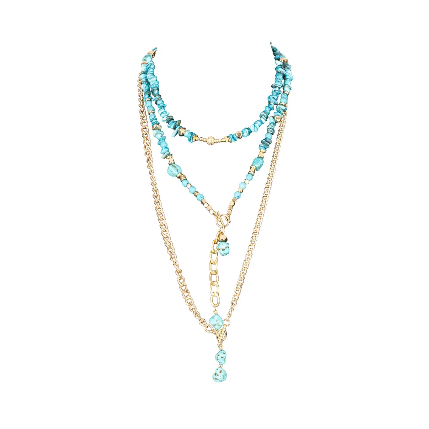 Layered turquoise beaded necklace with gold chain and drop pendant on white background.