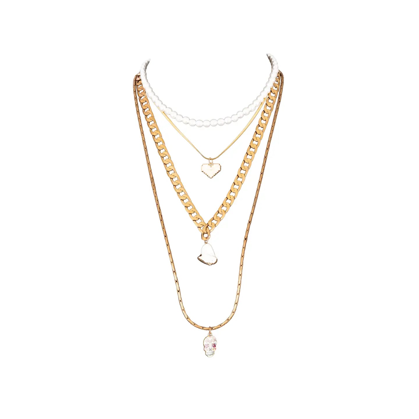 Layered gold necklace with white bead strand, heart charms, and skull pendant on white background.