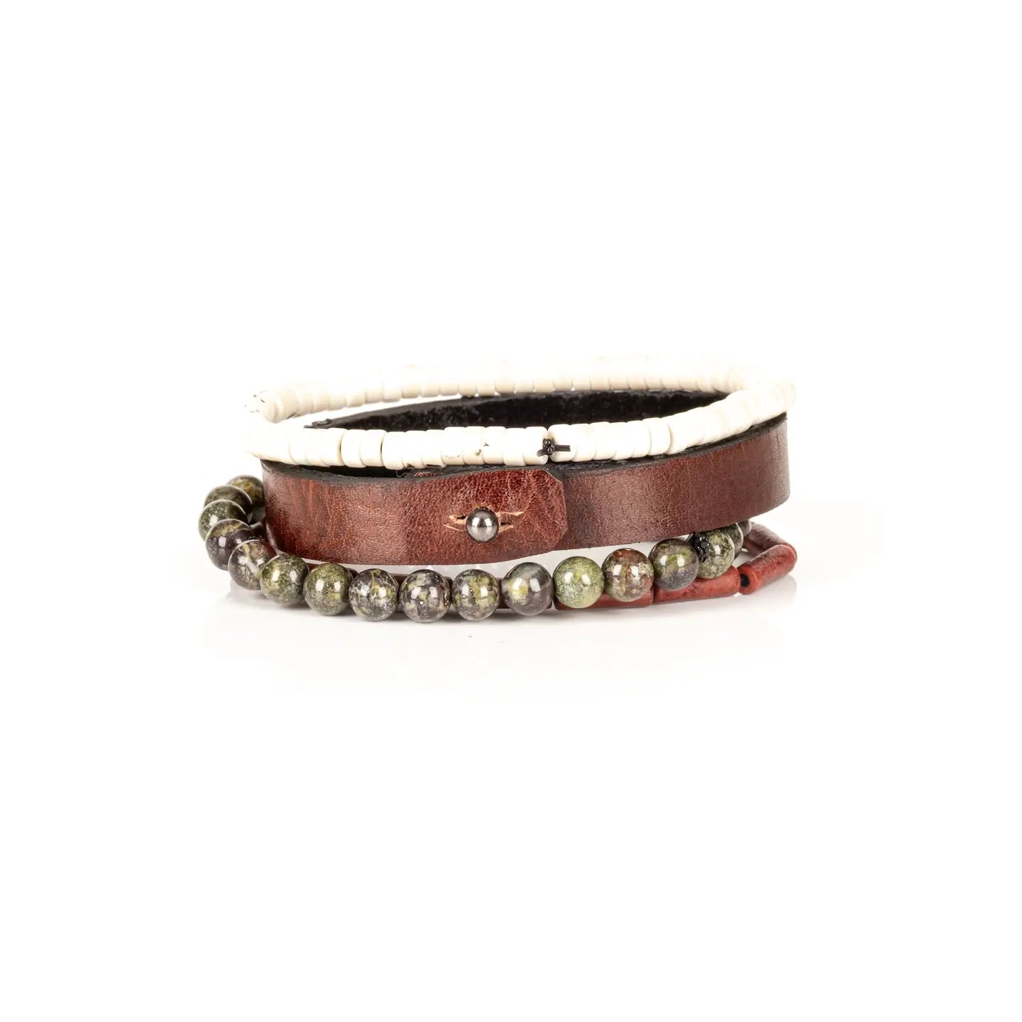 Men’s layered bracelet set featuring a brown genuine leather cuff, white howlite heishi beads, green and burgundy dragon blood jasper beads, and red cylindrical stone beads, stacked in a rugged earthy luxury design on a white background.