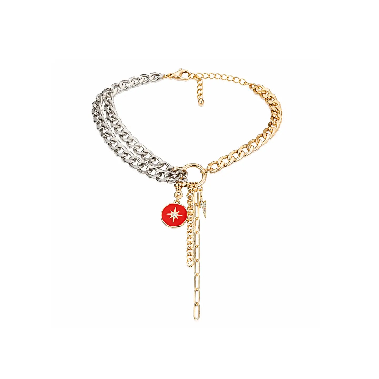Mixed metal chain necklace with red charm and drop chain in gold and silver tones on white background.
