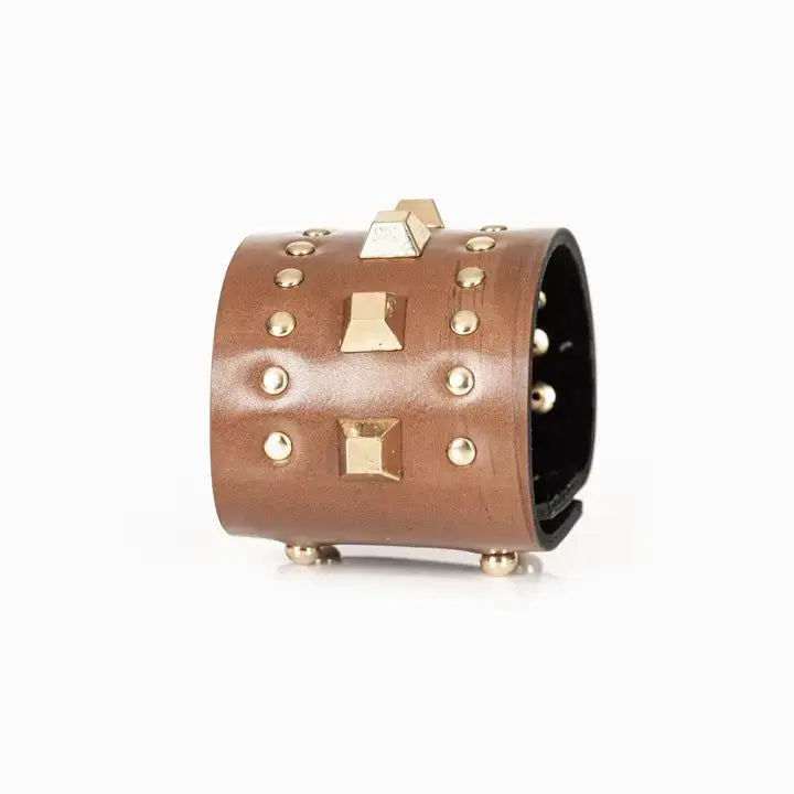 Studded Pyramid Leather Cuff Bronze Brown