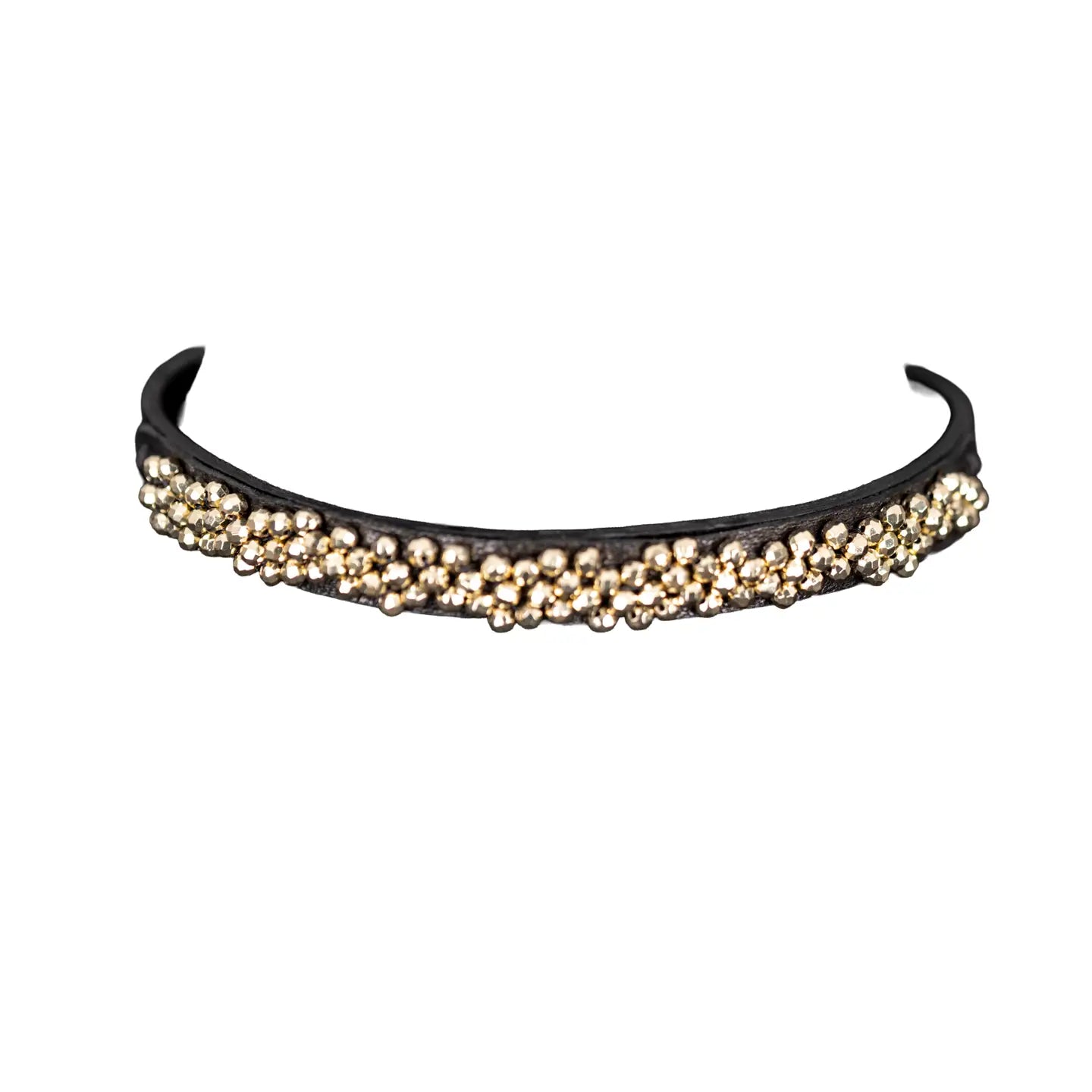Black leather choker with dense gold beaded detailing across the front, displayed on a white background.