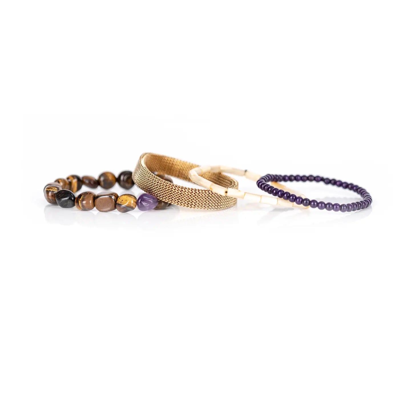 Amethyst, Tiger Eye & Gold Mesh Bracelet Stack