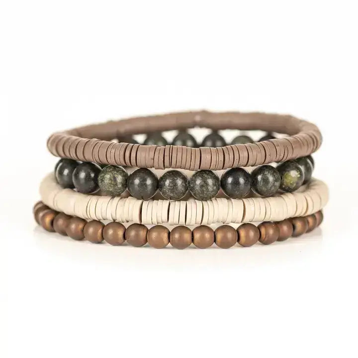 Earth-tone multi-layer men’s bracelet set featuring natural stone beads, matte beige disc beads, bronze bead strand, and layered neutral textures on a light background.