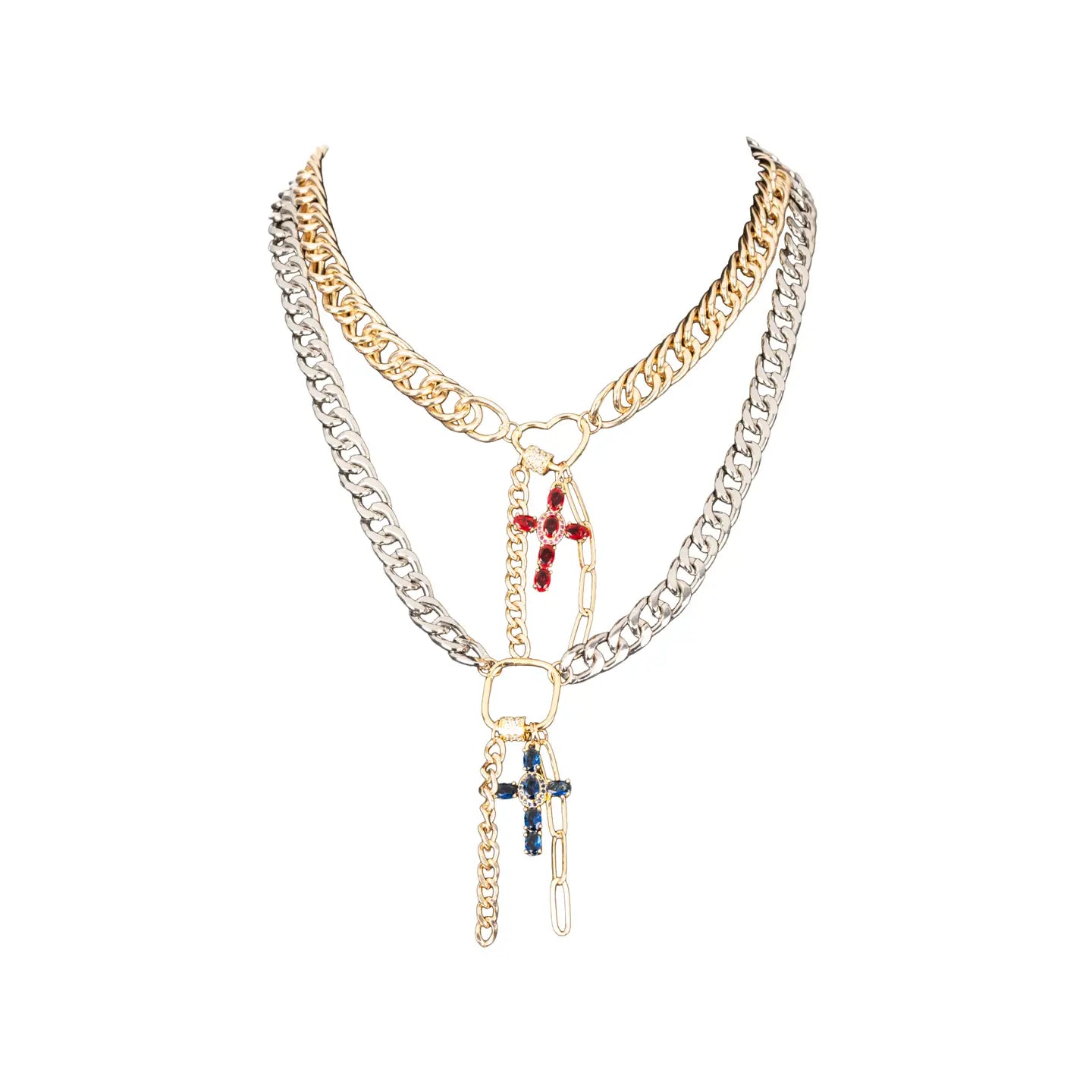Mixed metal chain necklace with red and blue cross charms and layered drop chains on white background.