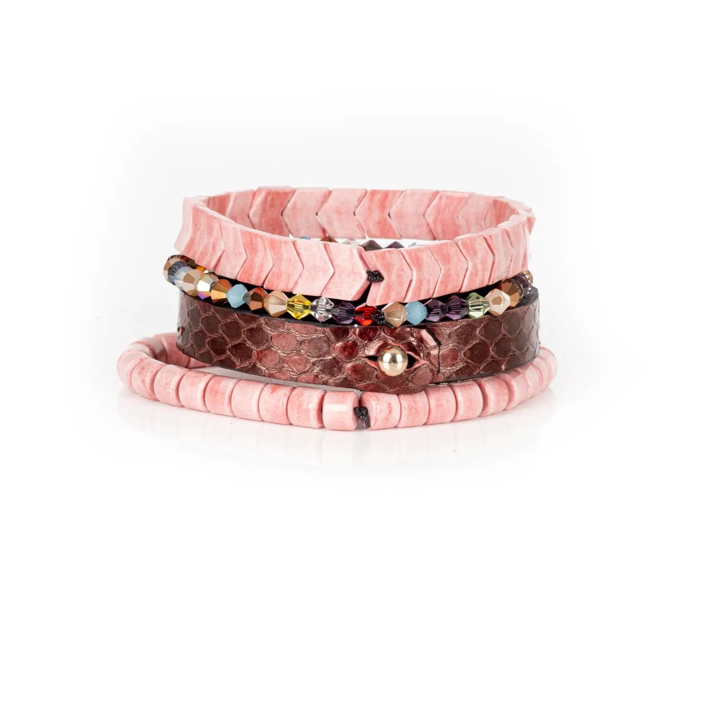 Python Leather & Chevron Tile Stack Bracelet Blush Rose
