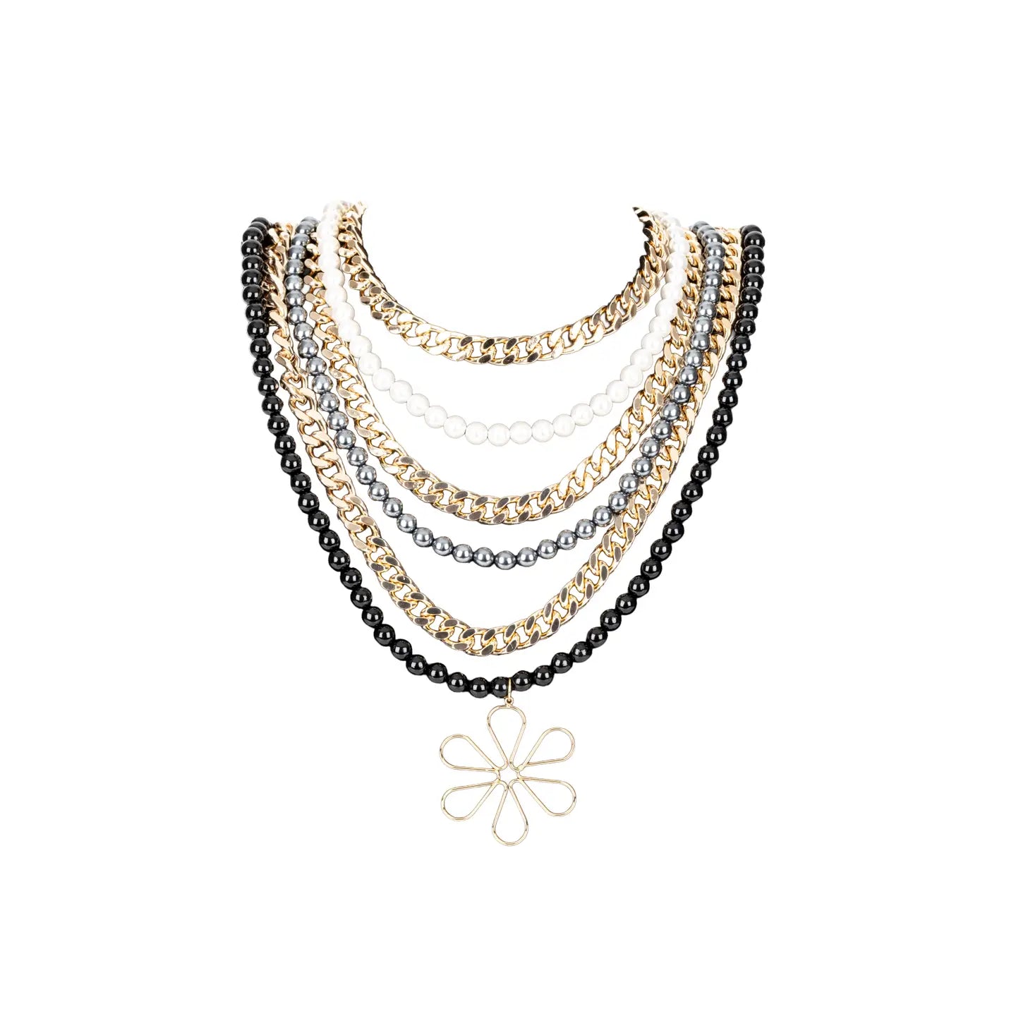 Multi-layer necklace with black, white, and metallic beads and chains, featuring a floral pendant, displayed on a white background.