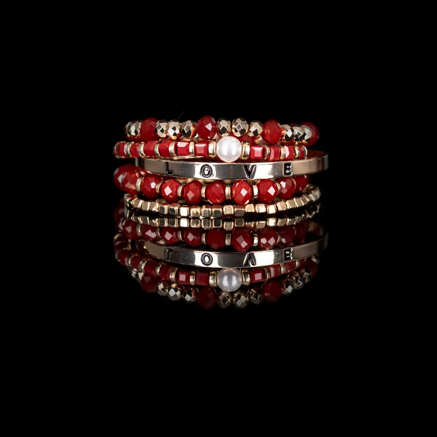 LOVE Red & Gold Beaded Bracelet Stack Pearl Charm Edition