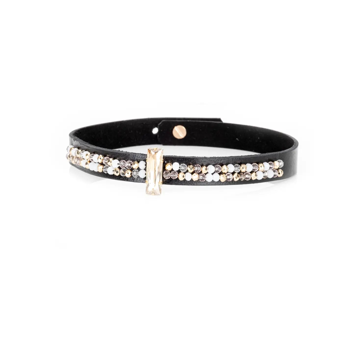 Black leather choker with a central champagne crystal and mixed white and gold crystal detailing along the band, displayed on a white background.