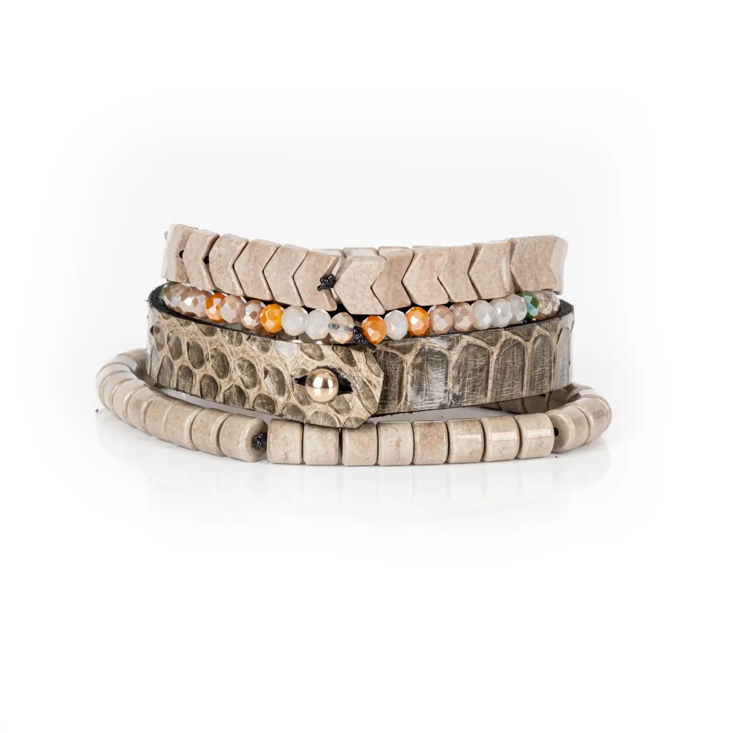 Python Texture Leather & Stone Bead Stack Bracelet