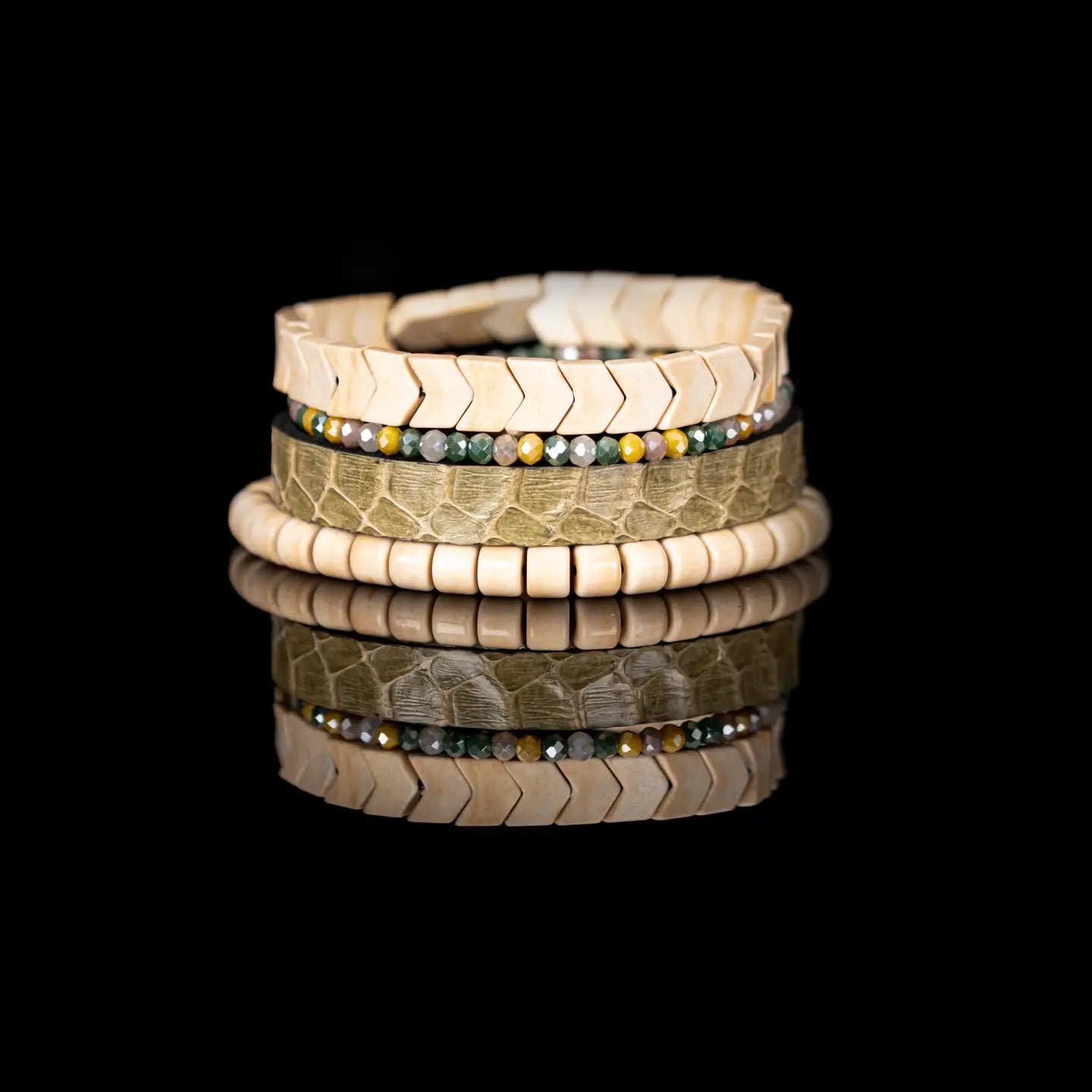 Python Leather & Chevron Tile Stack Bracelet Sandstone Olive
