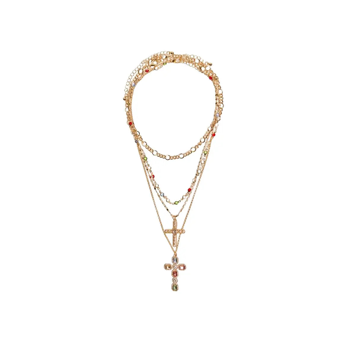 Layered gold necklace with multicolor stones and two cross pendants on a white background.