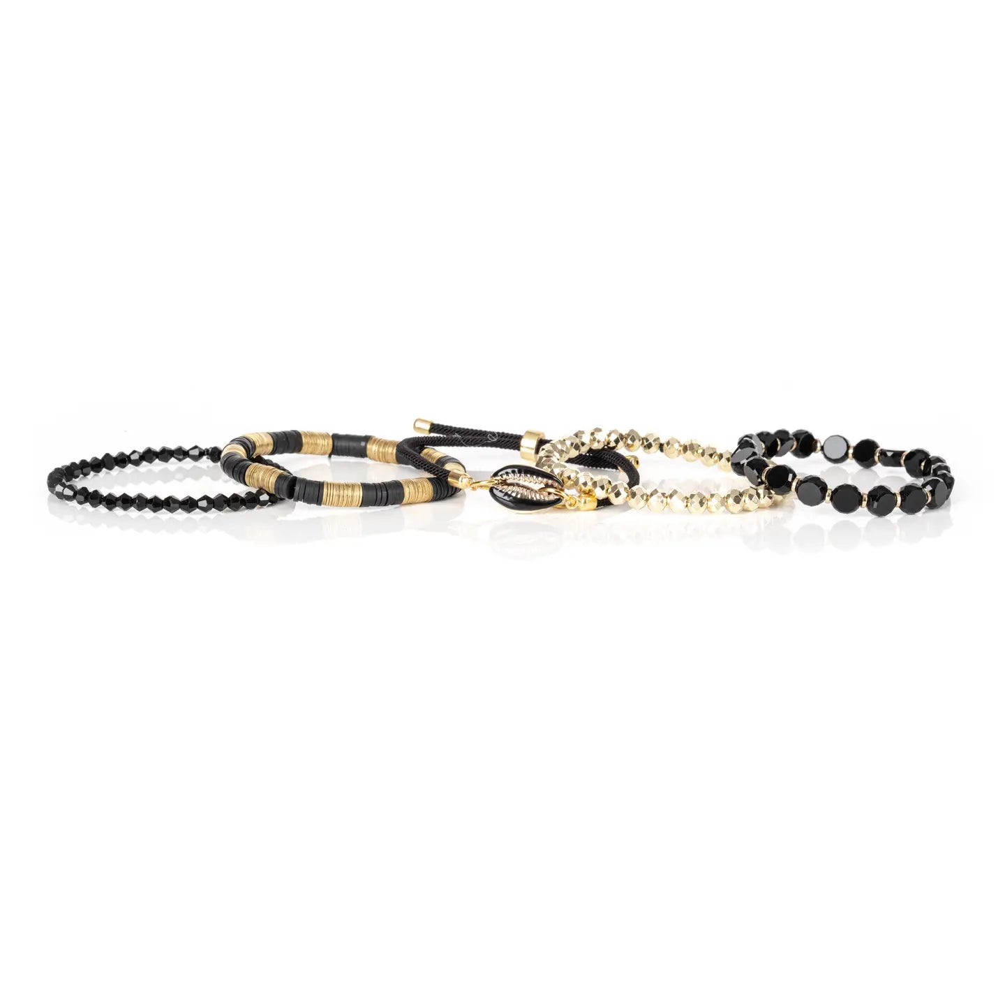 Black & Gold Cowrie Shell Bracelet Stack Onyx Beads
