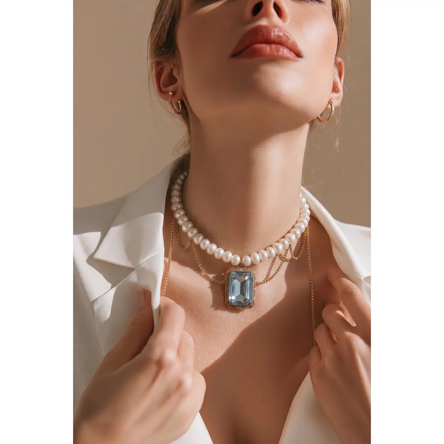Pearl necklace with draped gold chains and a blue crystal pendant on a white background.