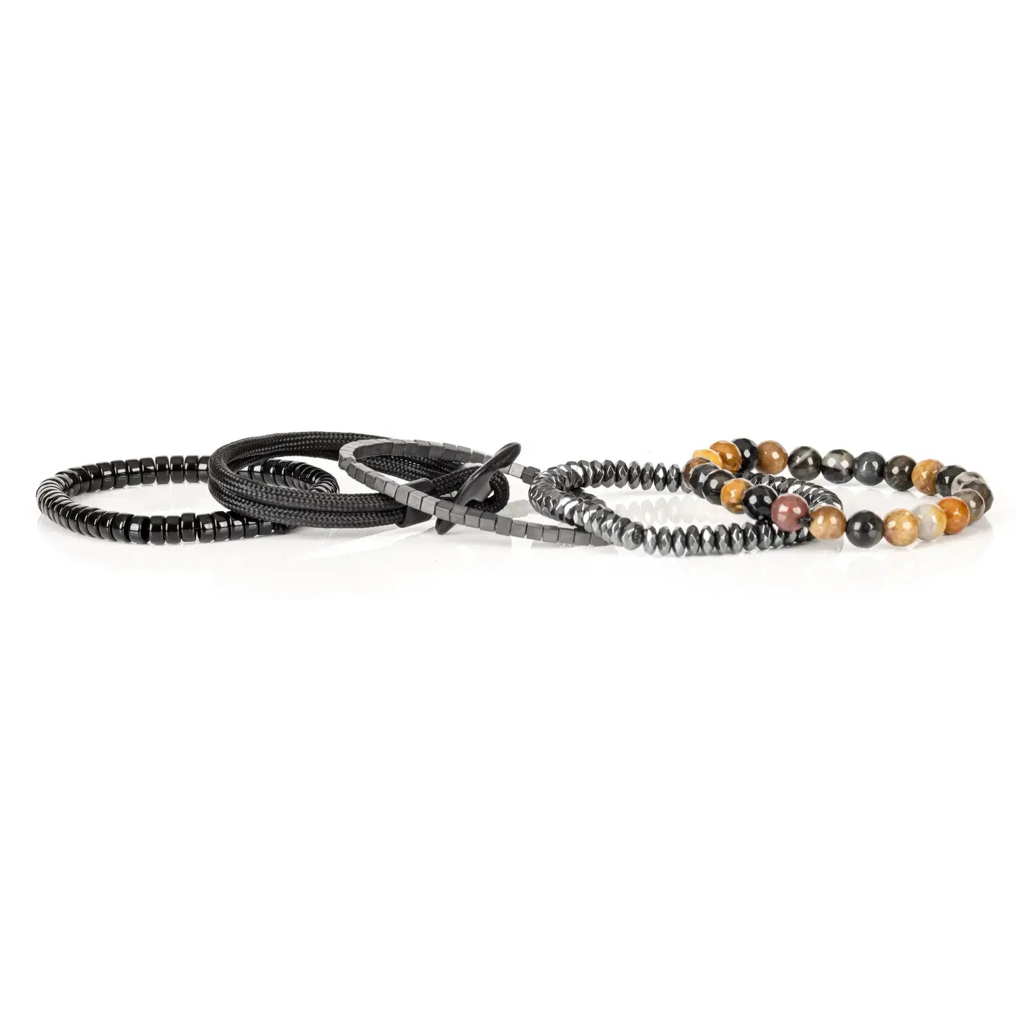 Black multi-layer men’s bracelet featuring natural multi-tone stone beads, faceted hematite strands, metallic cube accents, and braided black rope layers on a light background.