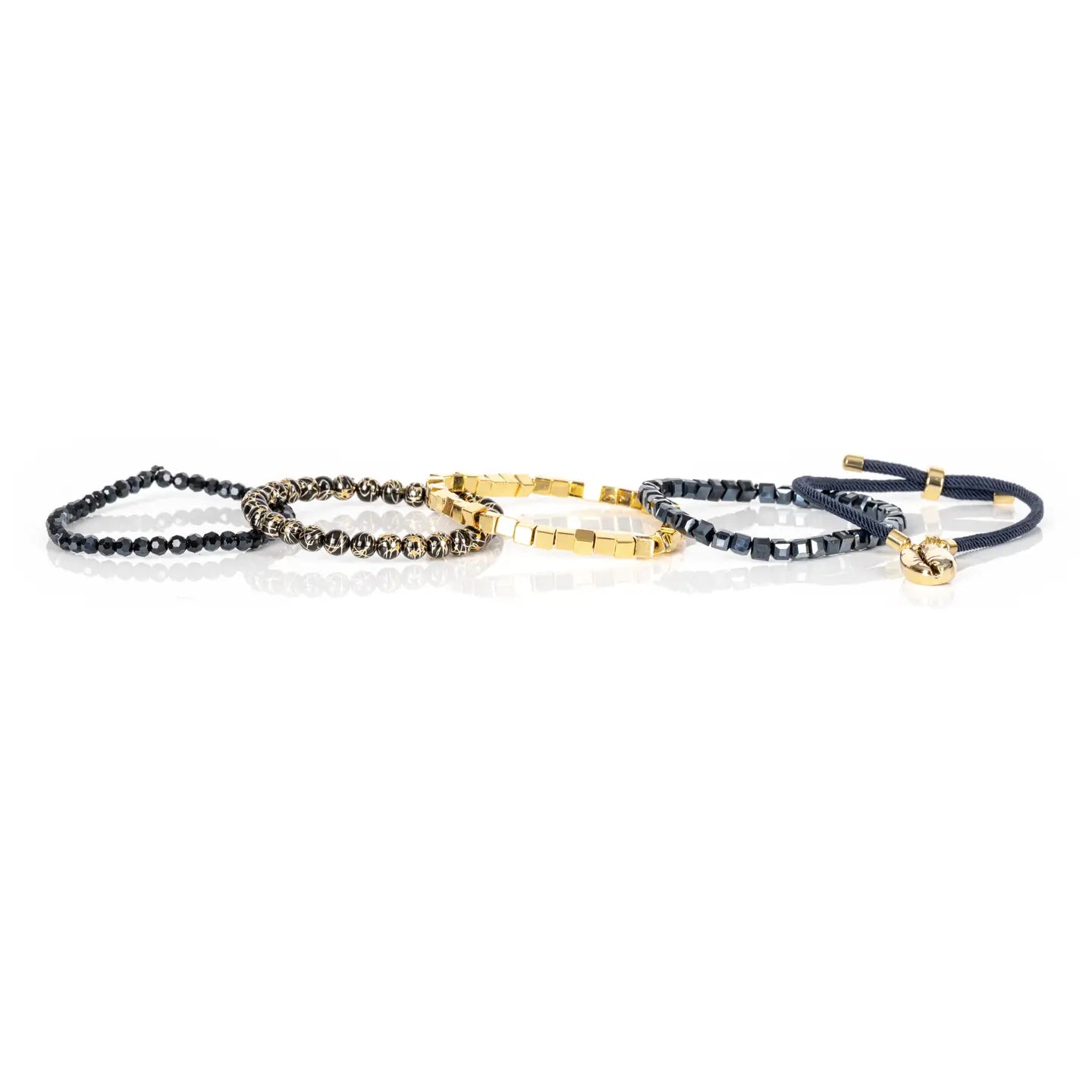 Midnight Navy Bracelet Stack with Gold Cube Beads & Shell