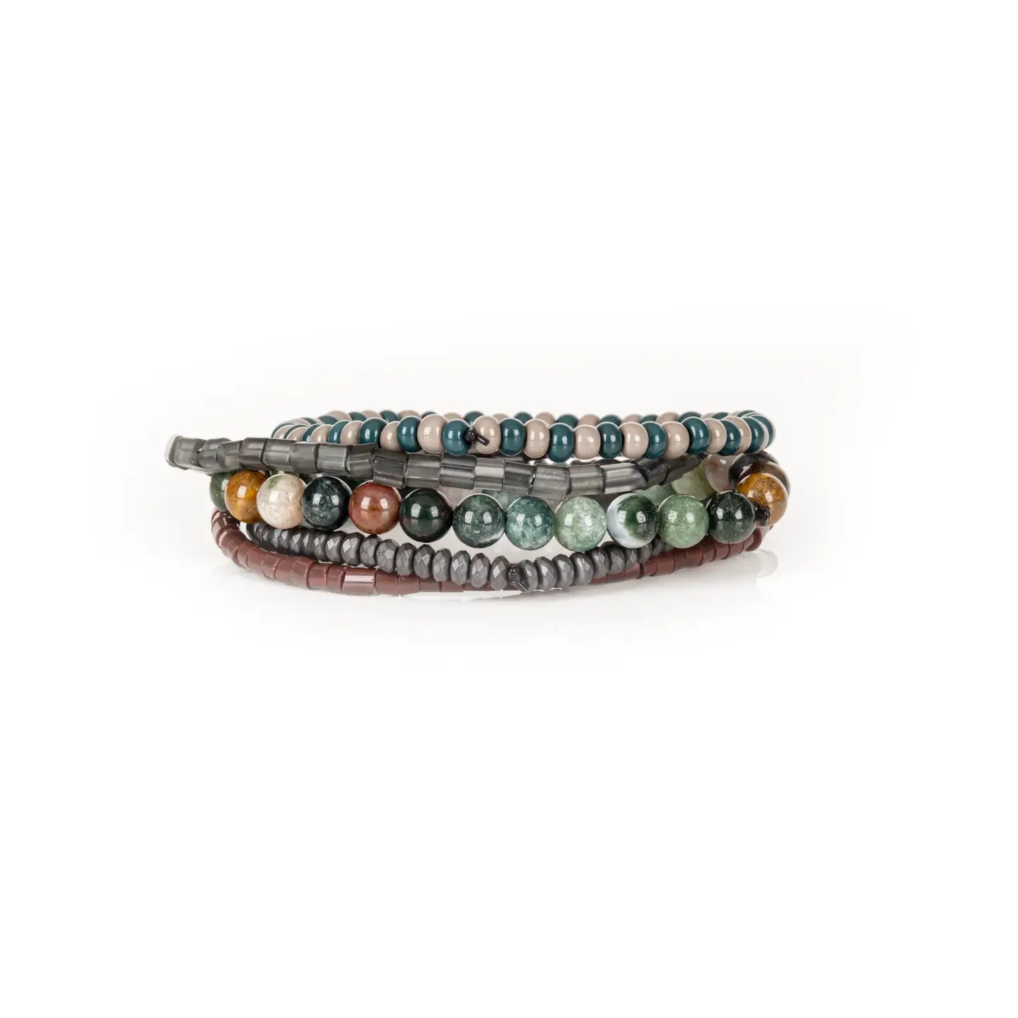 Men’s layered bracelet set featuring teal and beige bead strands, smoky gray translucent beads, multicolor natural stone beads in green, cream, and earth tones, reddish-brown heishi beads, and faceted hematite spacer beads, stacked in a sophisticated earthy luxury design on a white background.