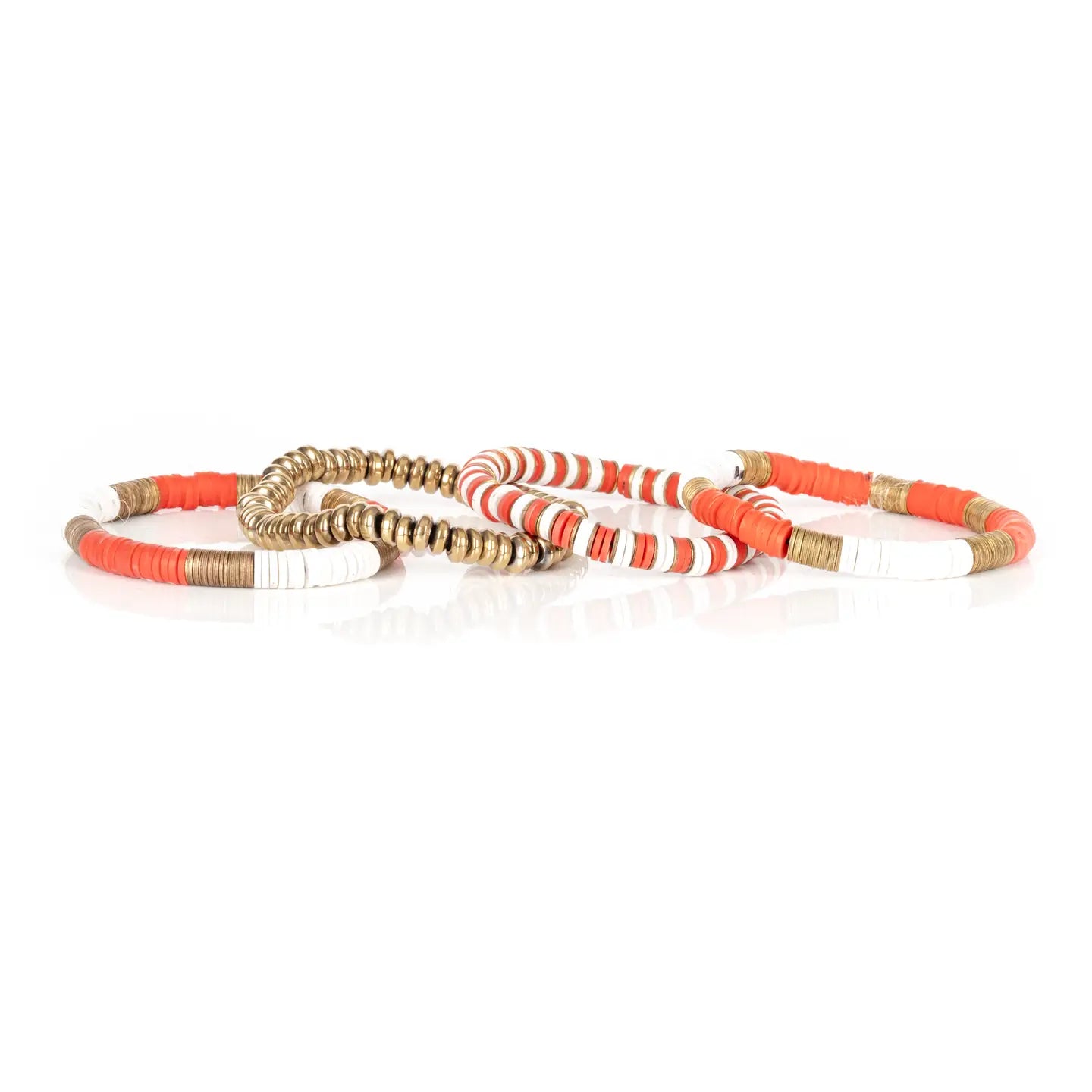 Coral + White Bracelet Stack Heishi Disc Beads with Gold