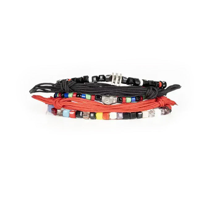 Black and red multi-layer men’s bracelet set featuring braided rope bands, faceted black geometric beads, metallic accents, and multicolor bead details on a light background.