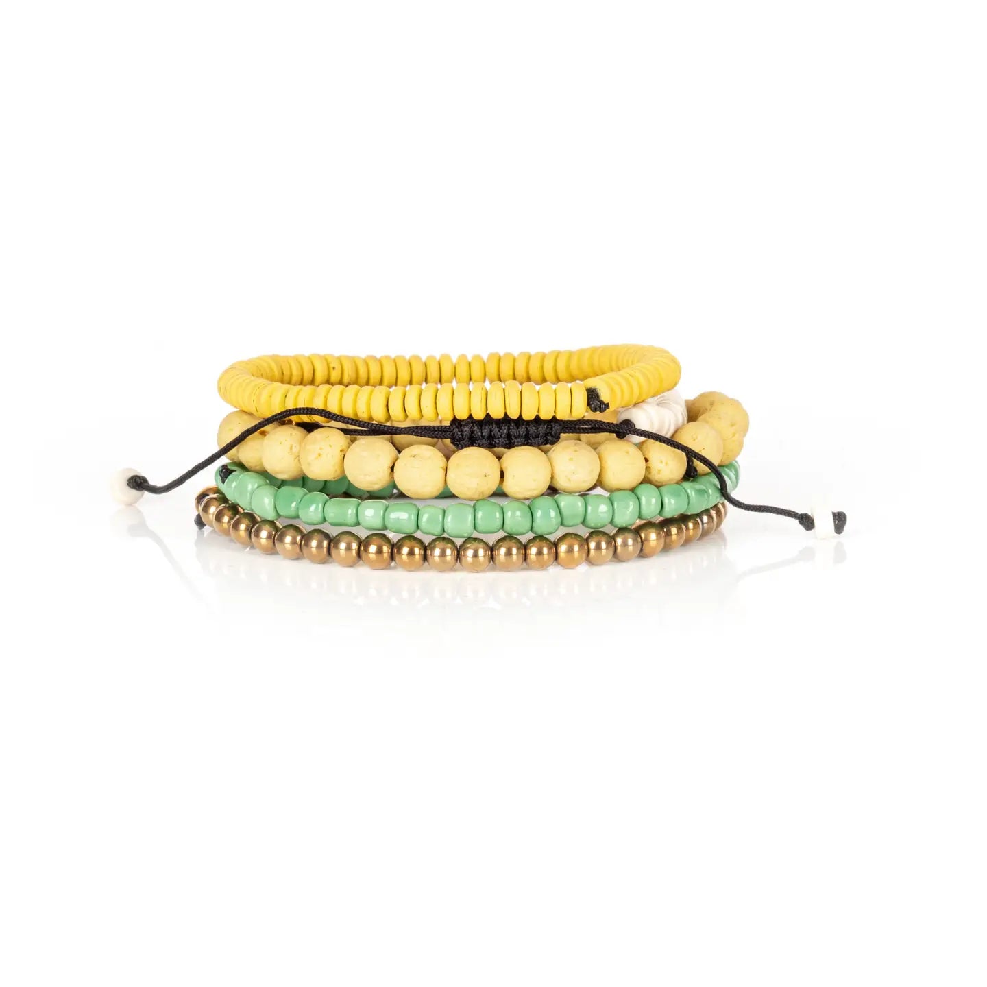 Yellow + Mint Bracelet Stack Heishi Disc Beads, Evil Eye