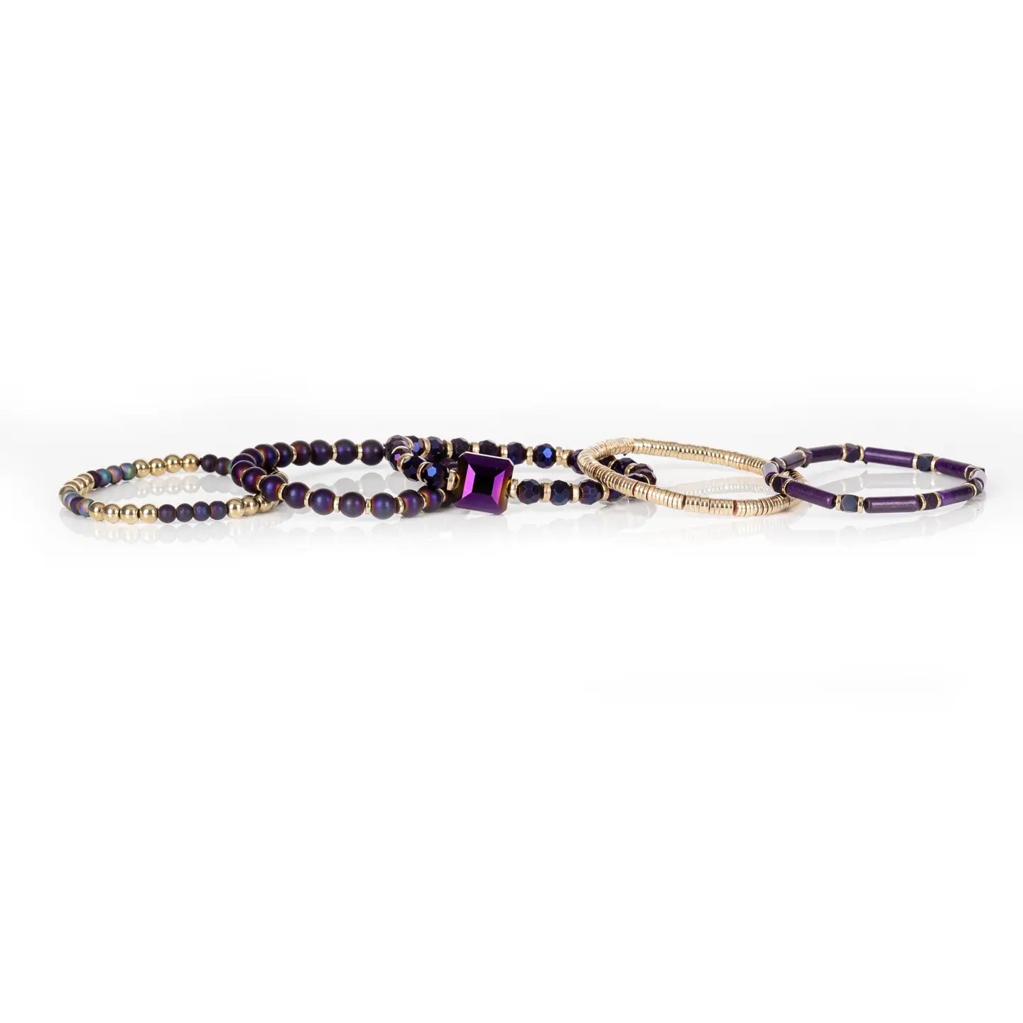 Midnight Amethyst Crystal Bracelet Stack Deep Purple & Gold