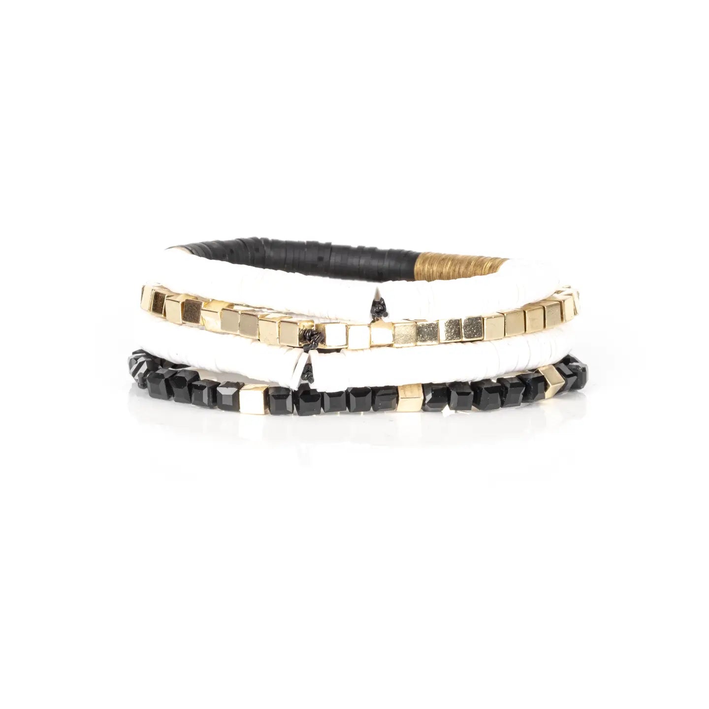 Black + White Beaded Bracelet Stack Gold Accent Layered Set