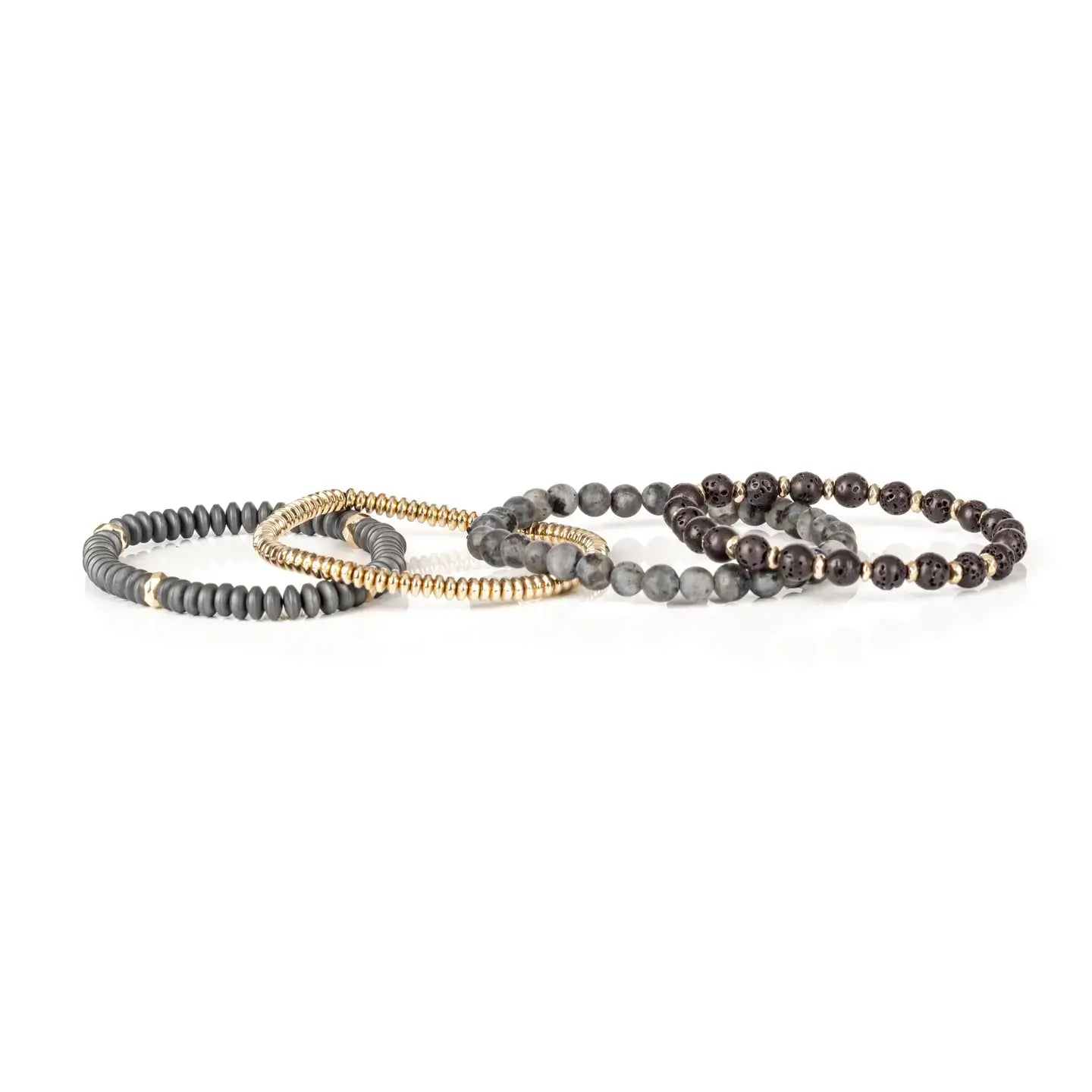 Grey multi-layer men’s bracelet set featuring lava stone beads, marble grey stones, matte hematite disc beads, and gold-tone metallic accents on a light background.
