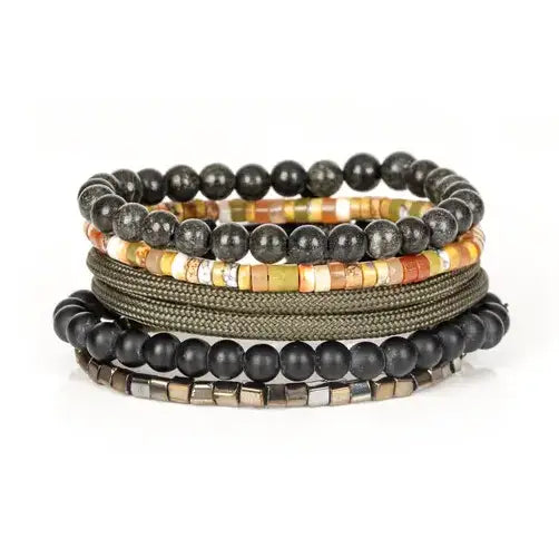 Men’s layered bracelet set featuring black natural stone beads, matte black onyx-style beads, multicolor heishi beads in warm earth tones, olive braided cord wraps, and metallic hematite spacer beads, stacked in a contemporary bohemian luxury design on a white background.