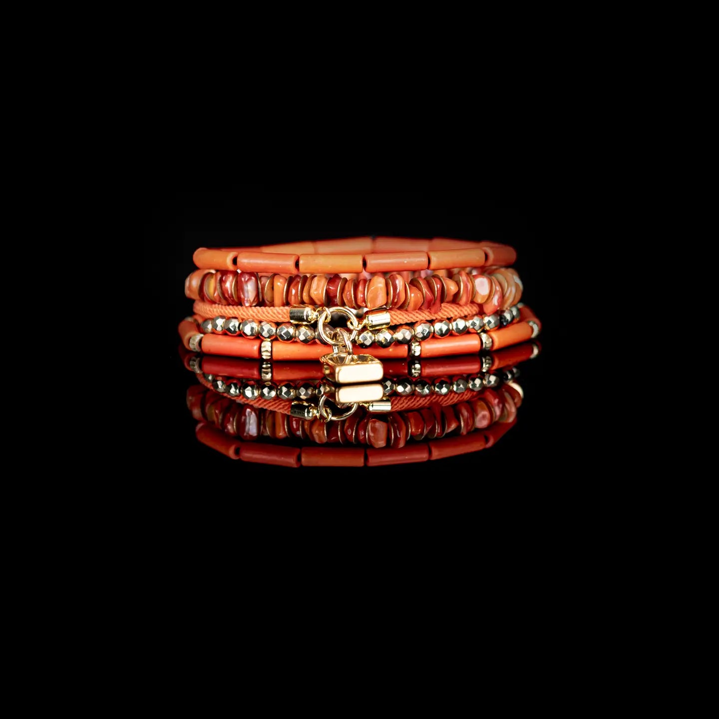 Orange Coral Bracelet Stack with Gold Lock Charm Handmade