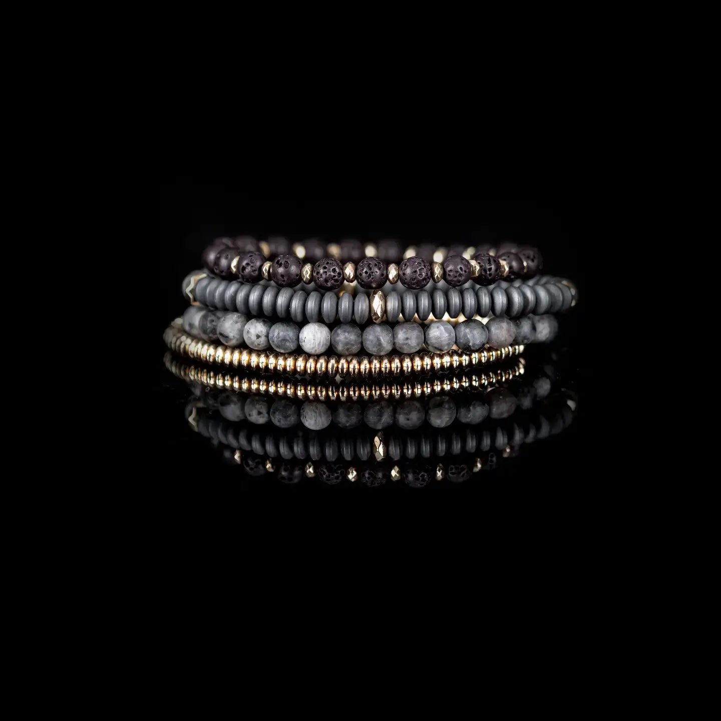 Grey multi-layer men’s bracelet set featuring lava stone beads, marble grey stones, matte hematite disc beads, and gold-tone metallic accents on a light background.