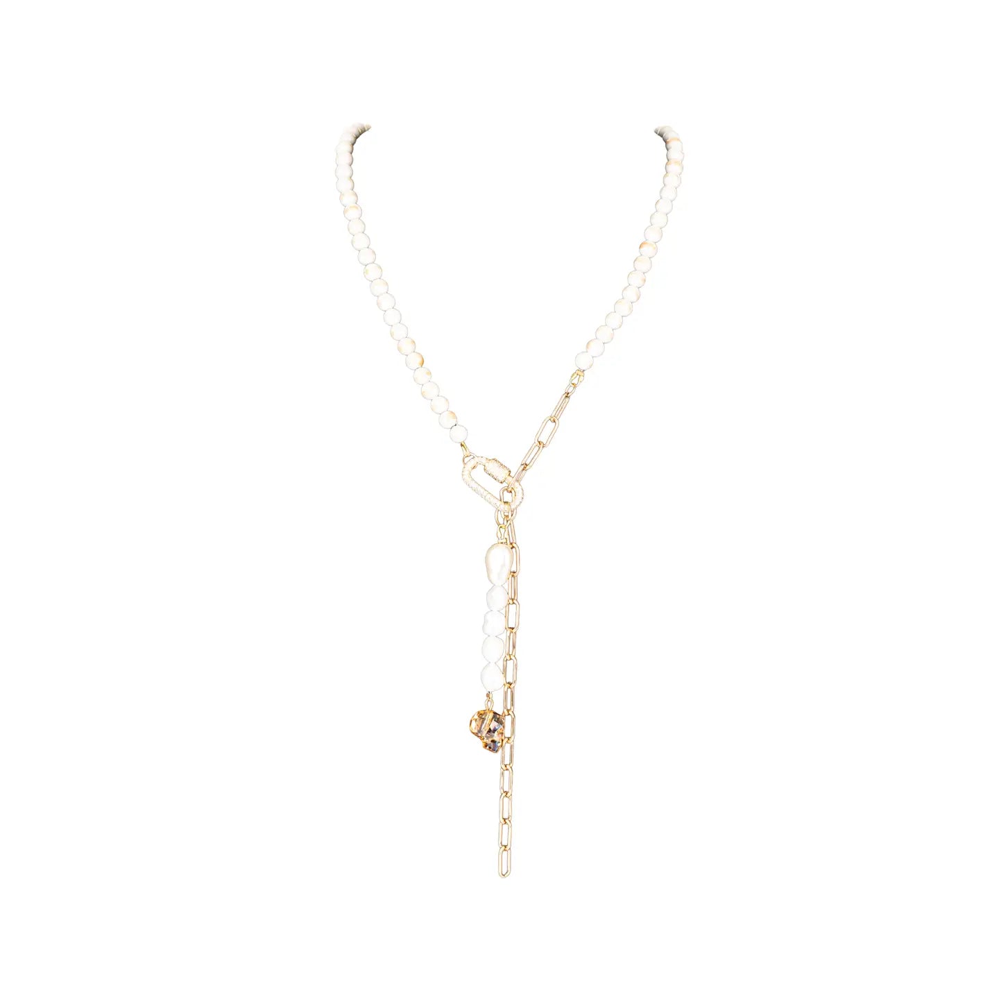 Pearl necklace with gold chain drop detail and crystal accent on white background.