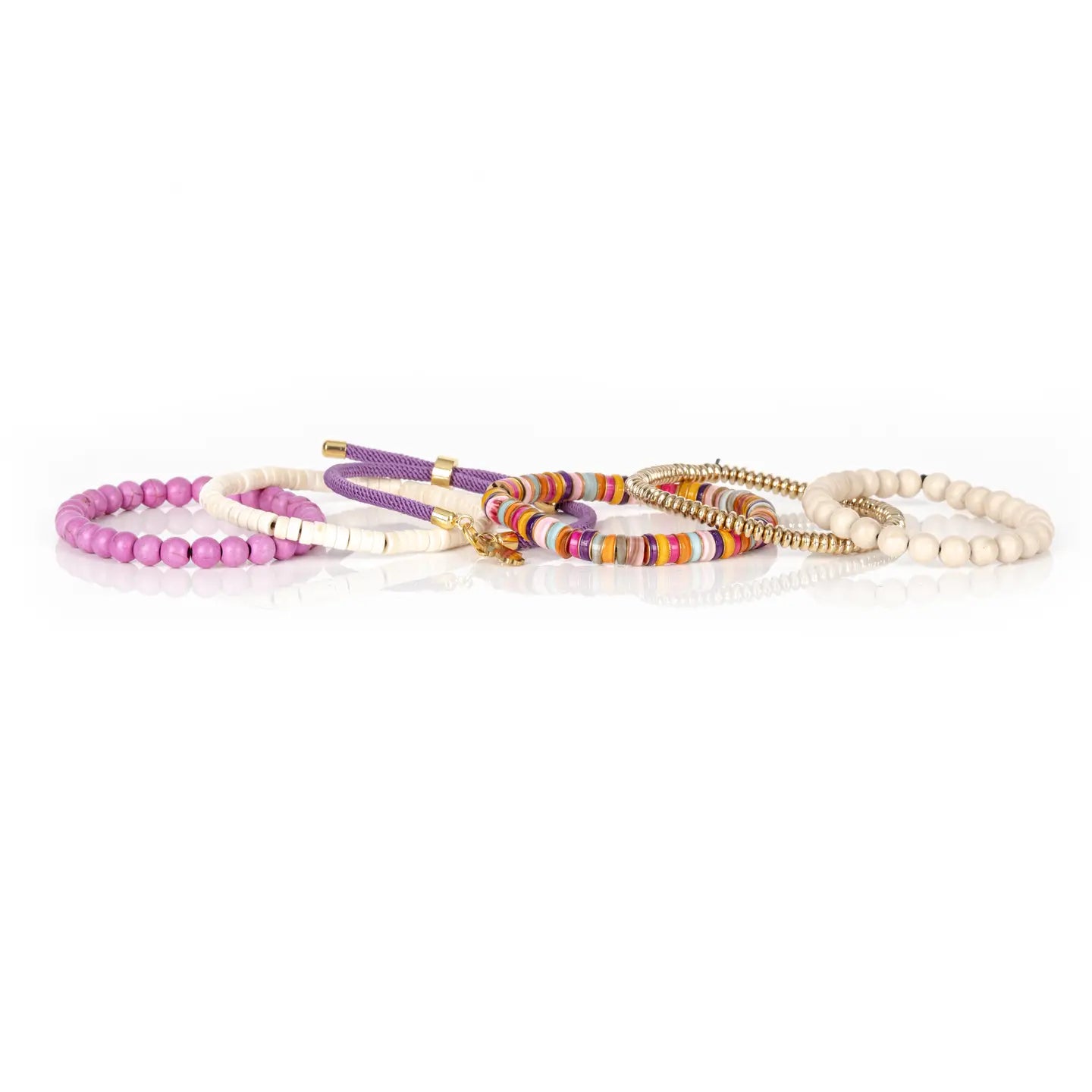 Colorful Heishi Bracelet Stack with Purple Beads & Gold