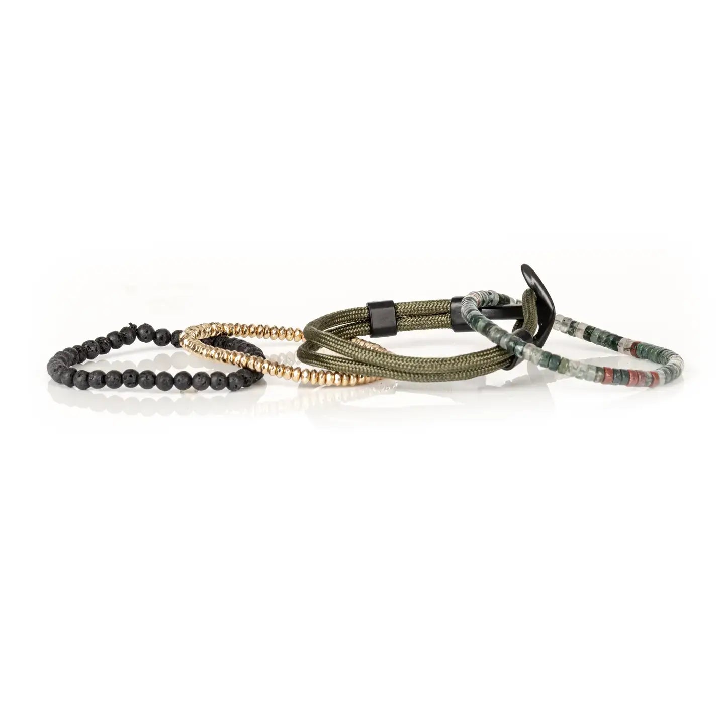 Green multi-layer men’s bracelet featuring natural stone disc beads, gold hematite spacers, olive braided rope layers, and lava stone bead strand on a light background.