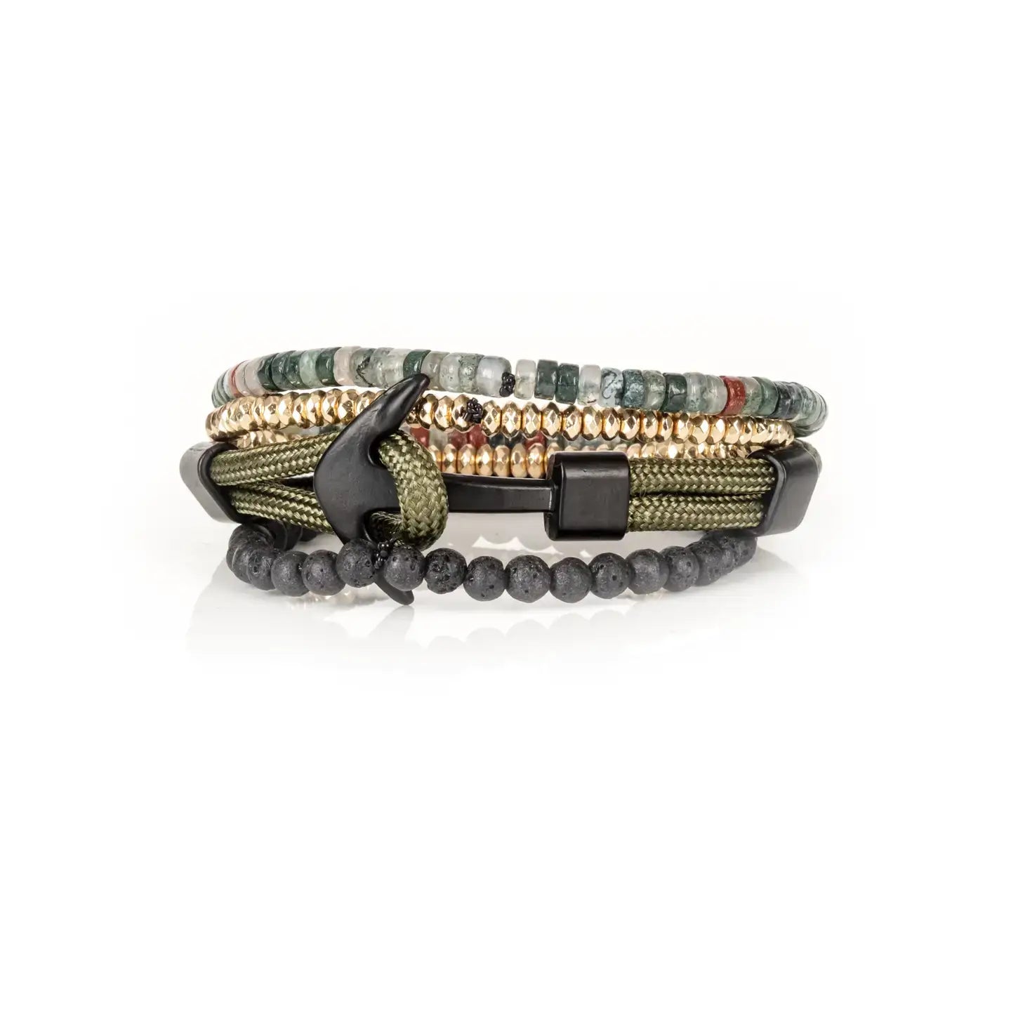 Green multi-layer men’s bracelet featuring natural stone disc beads, gold hematite spacers, olive braided rope layers, and lava stone bead strand on a light background.