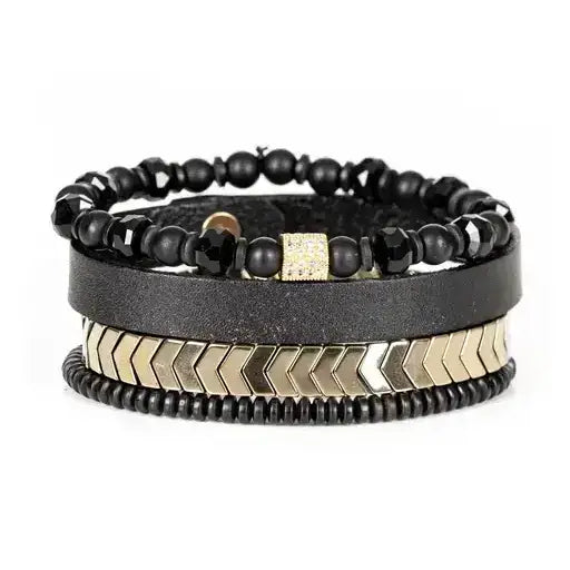 Black Multi Layer Bracelet with Gold Chevron Bar Faceted Onyx & Leather Stack