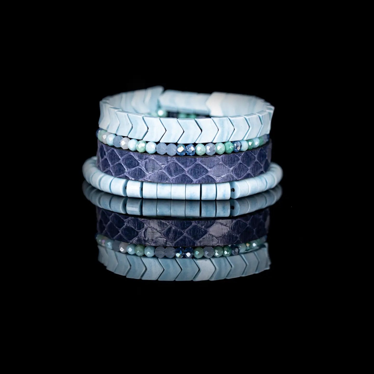 Python Leather & Chevron Tile Stack Bracelet Arctic Blue