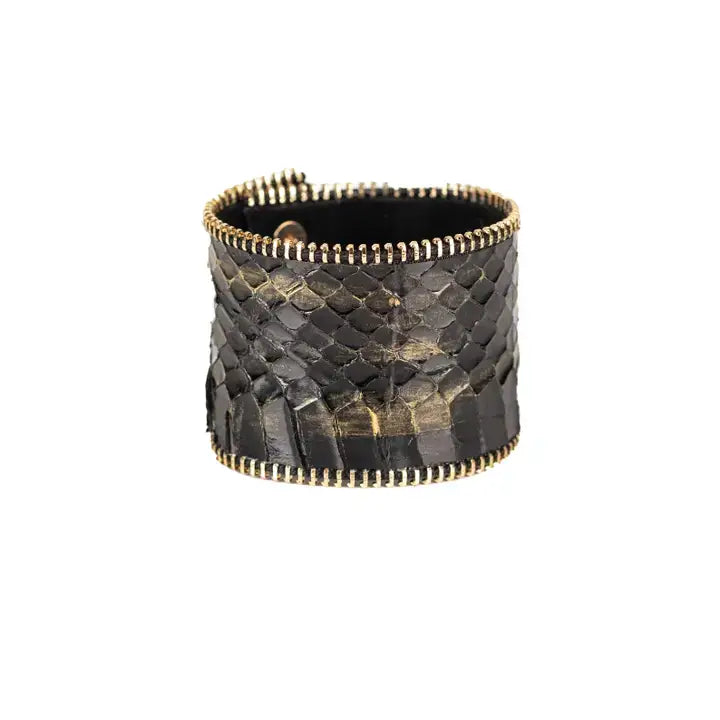 Midnight Python Leather Cuff Black Italian Leather Bracelet