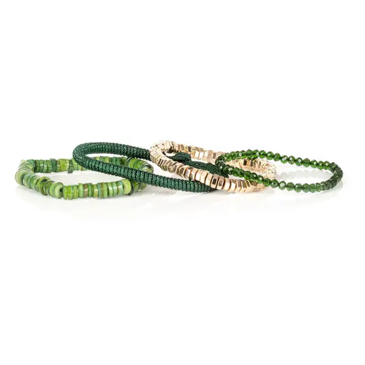 Green multi-layer men’s bracelet set featuring faceted green crystal beads, gold hematite cube beads, braided green rope, and layered green natural stone disc beads on a light background.