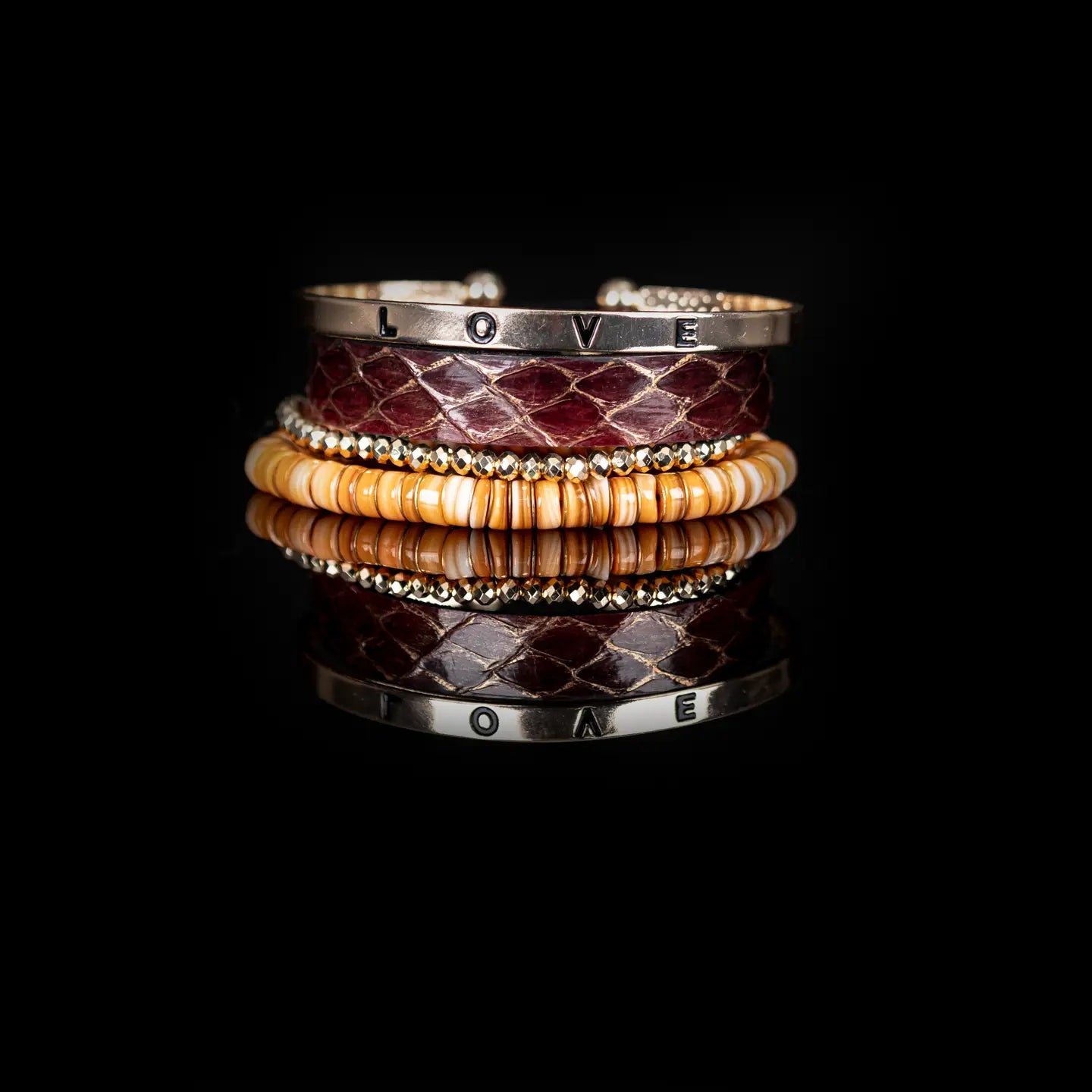 Python Leather Bracelet Stack with Gold “LOVE” Cuff & Orange