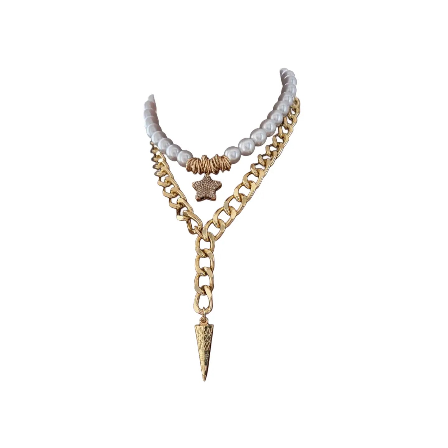 Layered necklace with white pearls, gold chain, star charm, and a spike pendant drop, displayed on a white background.
