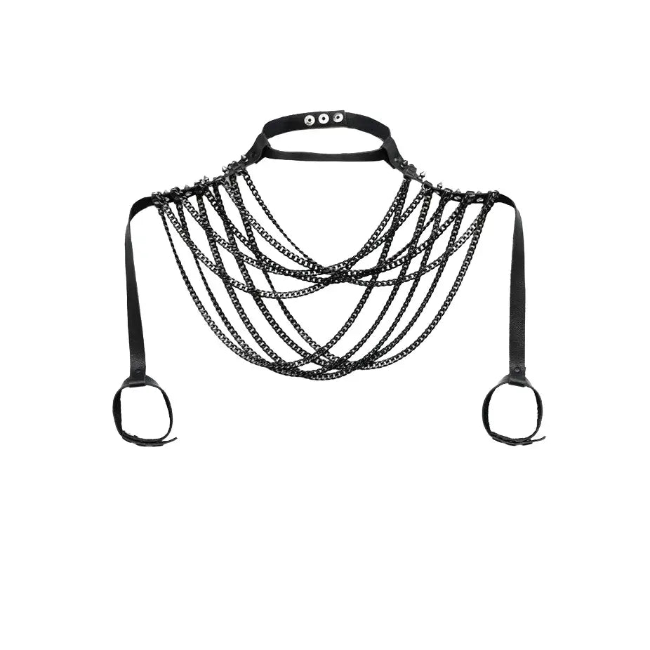 Black leather choker with layered draped chains and side straps with ring details, displayed on a white background.