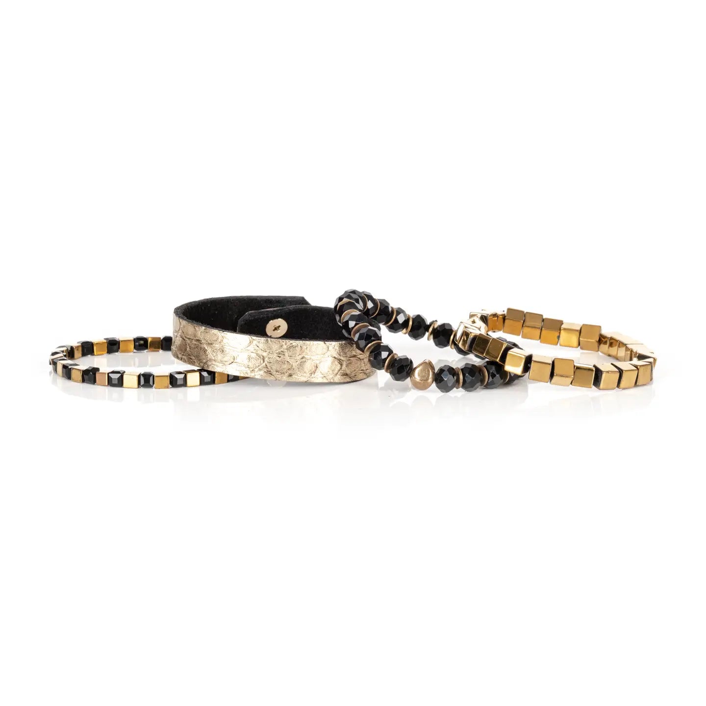 Gold Python Leather Bracelet Stack Black Crystal + Metal
