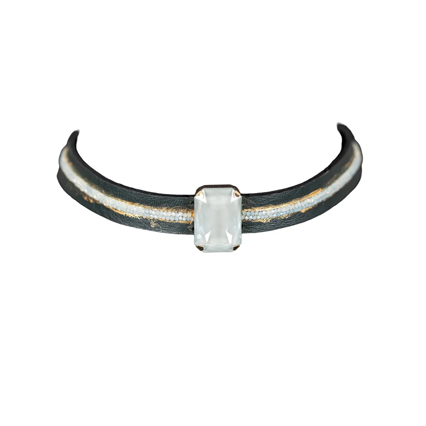 Black leather choker with a central rectangular white crystal and subtle gold and crystal detailing, displayed on a white background.