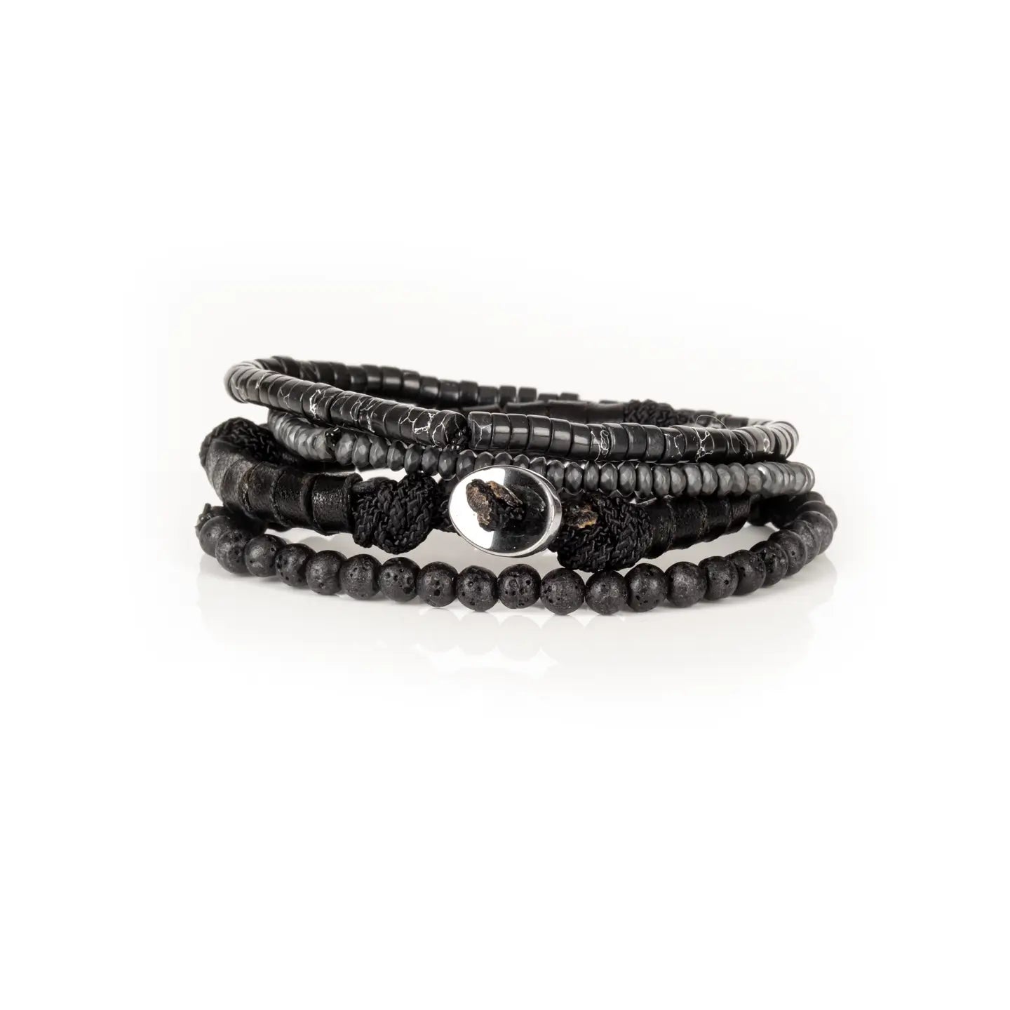 Men’s layered bracelet set featuring matte black lava stone beads, black leather-wrapped cord, black marbled heishi beads, faceted gray crystal beads, and dark metallic spacer beads, stacked in a sleek monochromatic luxury design on a white background.